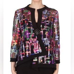JOSEPH RIBKOFF Sz 12 Colourful Ribbon Pattern Over Mesh Asymmetrical Blazer